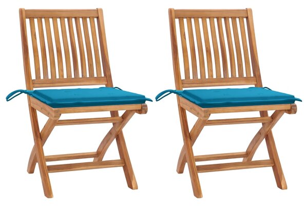 Sedie da Giardino 2 pz con Cuscini Blu in Massello di Teak