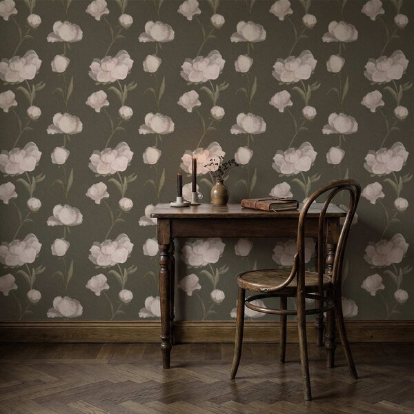 Carta da parati Peonie rosa tenue su sfondo scuro, Parati fiori e piante classici, a01114v1 : Uwalls.it