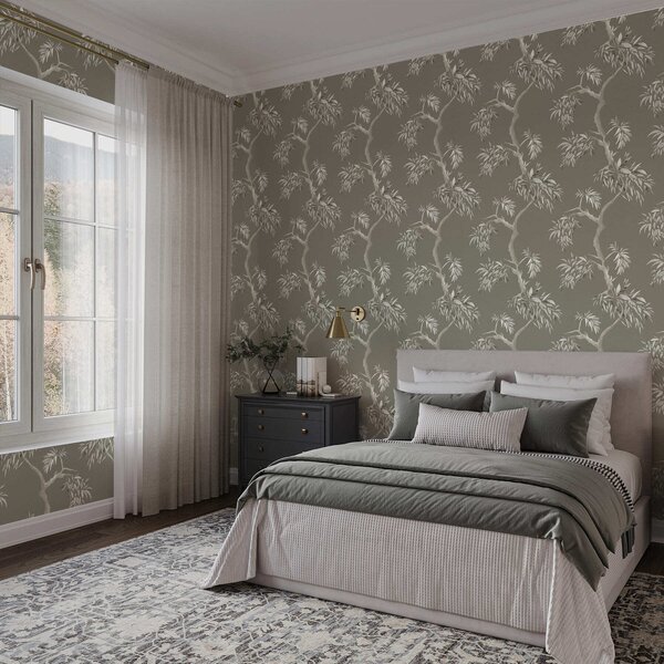 Carta da parati Ramo leggero con foglie su sfondo color oliva, Parati fiori e piante classici, a01117v1 : Uwalls.it