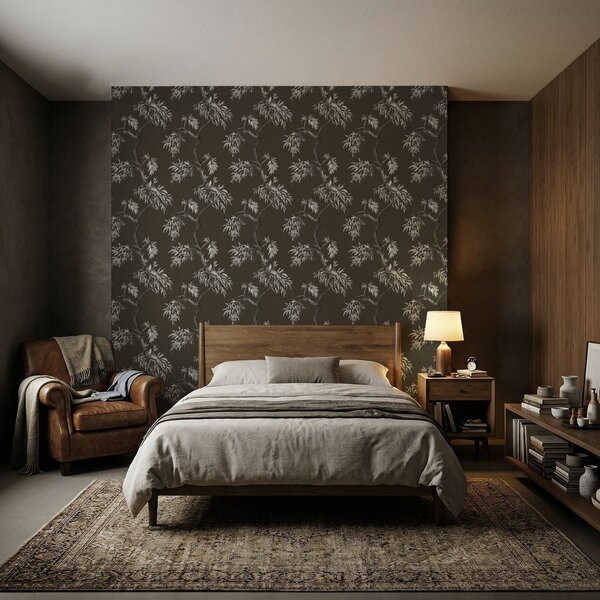 Carta da parati Ramo monocromatico con foglie su sfondo scuro, Parati fiori e piante classici, a01117v2 : Uwalls.it