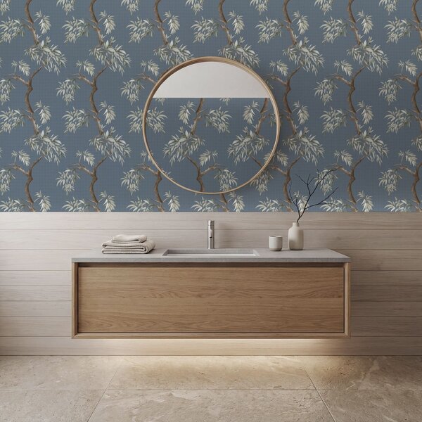 Carta da parati Ramo di albero con foglie su sfondo blu, Parati fiori e piante classici, a01117 : Uwalls.it