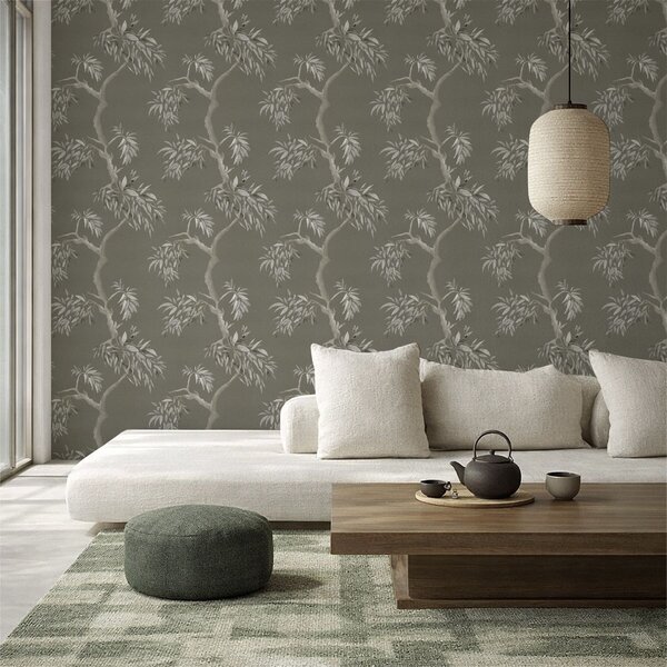Carta da parati Ramo leggero con foglie su sfondo color oliva, Parati fiori e piante classici, a01117v1 : Uwalls.it