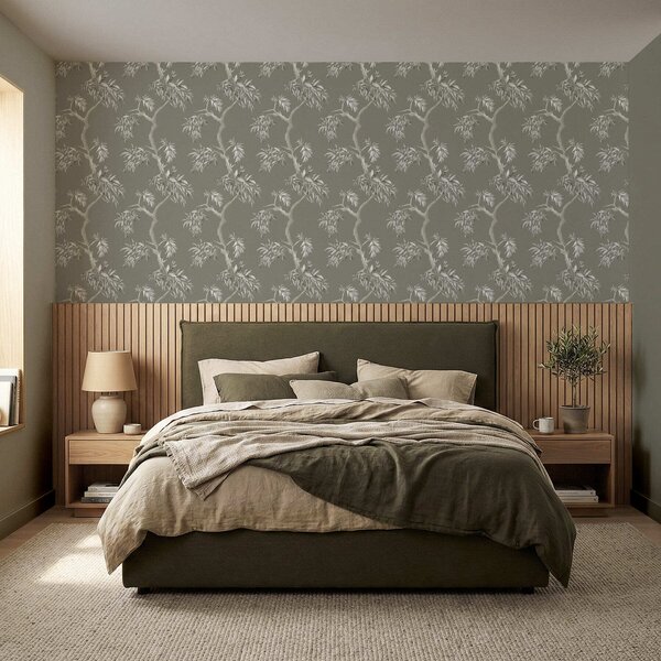 Carta da parati Ramo leggero con foglie su sfondo color oliva, Parati fiori e piante classici, a01117v1 : Uwalls.it