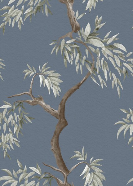 Carta da parati Ramo di albero con foglie su sfondo blu, Parati fiori e piante classici, a01117 : Uwalls.it