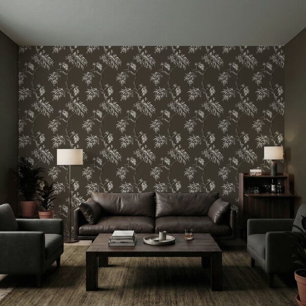 Carta da parati Ramo monocromatico con foglie su sfondo scuro, Parati fiori e piante classici, a01117v2 : Uwalls.it