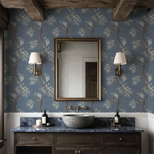 Carta da parati Ramo di albero con foglie su sfondo blu, Parati fiori e piante classici, a01117 : Uwalls.it