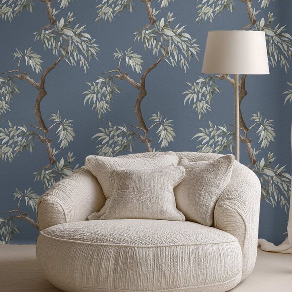 Carta da parati Ramo di albero con foglie su sfondo blu, Parati fiori e piante classici, a01117 : Uwalls.it