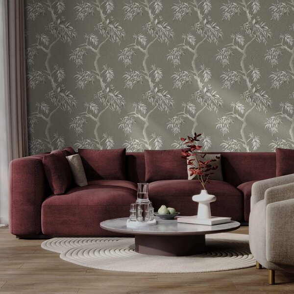 Carta da parati Ramo leggero con foglie su sfondo color oliva, Parati fiori e piante classici, a01117v1 : Uwalls.it