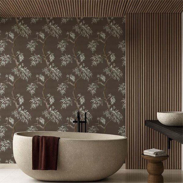 Carta da parati Ramo di albero con foglie su sfondo marrone, Parati fiori e piante classici, a01117v3 : Uwalls.it