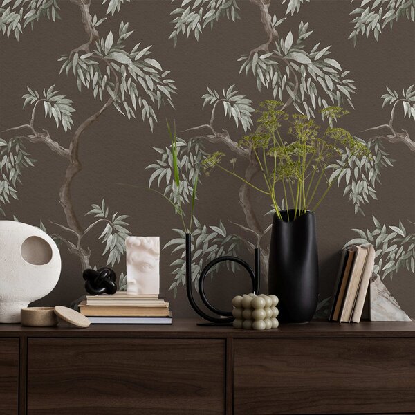 Carta da parati Ramo di albero con foglie su sfondo marrone, Parati fiori e piante classici, a01117v3 : Uwalls.it