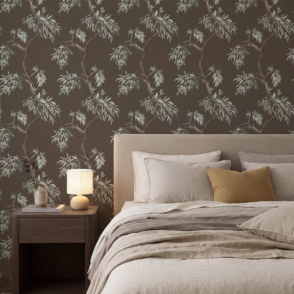 Carta da parati Ramo di albero con foglie su sfondo marrone, Parati fiori e piante classici, a01117v3 : Uwalls.it