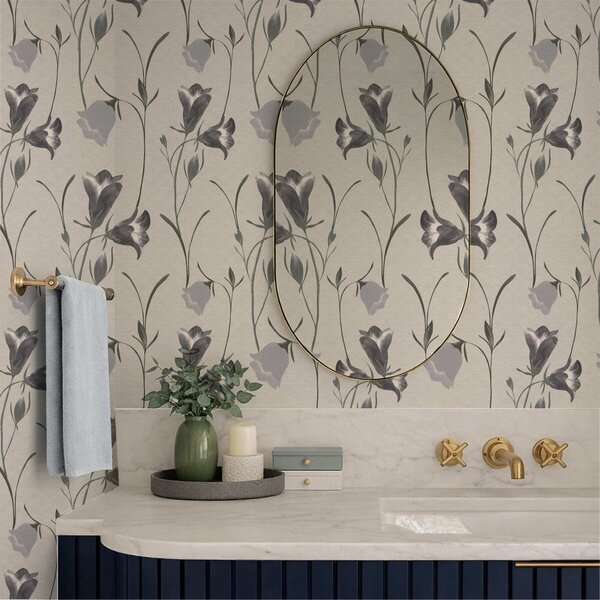 Carta da parati Fiori grigi a campana su sfondo beige chiaro, Parati fiori e piante classici, a01119 : Uwalls.it