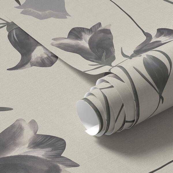 Carta da parati Fiori grigi a campana su sfondo beige chiaro, Parati fiori e piante classici, a01119 : Uwalls.it