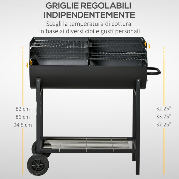 Outsunny Barbecue con 2 Griglie Indipendenti in Acciaio, 2 Ruote e Ripiano Inferiore, 90x45x96 cm, Nero | Aosom Italy