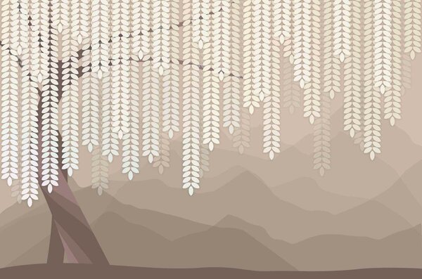 Carta da parati salice stilizzato con foglie pendenti su uno sfondo di montagne minimaliste nei toni, Carta da parati Natura, w05232v2 : Uwalls.it