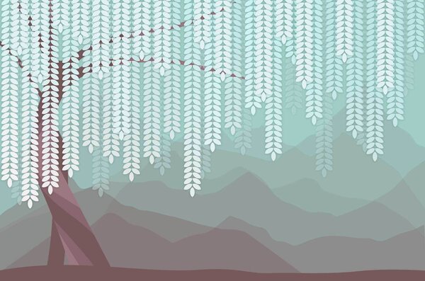 Carta da parati salice stilizzato con foglie pendenti su uno sfondo di montagne minimaliste nei toni, Carta da parati Natura, w05232v1 : Uwalls.it