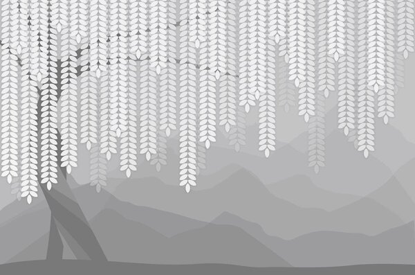 Carta da parati salice stilizzato con foglie pendenti su uno sfondo di montagne minimaliste nei toni, Carta da parati Natura, w05232v3 : Uwalls.it