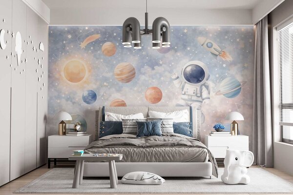 Carta da parati un piccolo astronauta tra pianeti e stelle, Carta da parati Buffer, w05233 : Uwalls.it