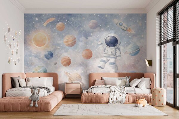 Carta da parati un piccolo astronauta tra pianeti e stelle, Carta da parati Buffer, w05233 : Uwalls.it