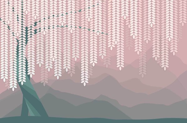 Carta da parati salice stilizzato con foglie pendenti su uno sfondo di montagne minimaliste nei toni, Carta da parati Natura, w05232v4 : Uwalls.it