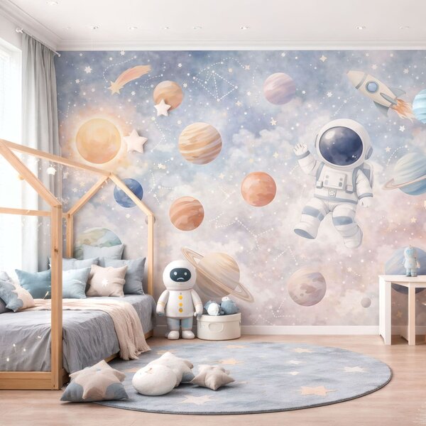 Carta da parati un piccolo astronauta tra pianeti e stelle, Carta da parati Buffer, w05233 : Uwalls.it