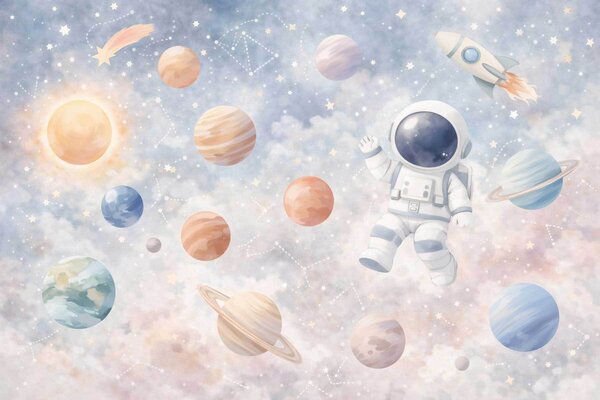 Carta da parati un piccolo astronauta tra pianeti e stelle, Carta da parati Buffer, w05233 : Uwalls.it