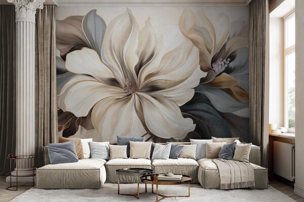Carta da parati Grandi fiori di magnolia color crema con foglie marroni e grigie, illuminazione, Carta da parati Floreale, w09749 : Uwalls.it