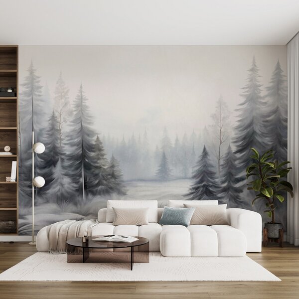 Carta da parati Alberi invernali dalla corteccia ruvida nella nebbia, in tenui tonalità di grigio e bianco, Carta da parati Natura, w09745 : Uwalls.it