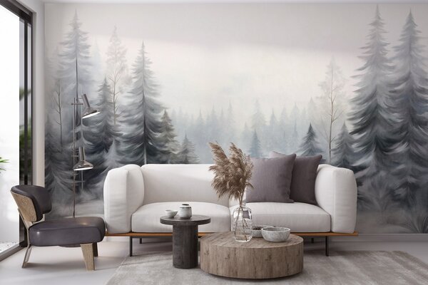 Carta da parati Alberi invernali dalla corteccia ruvida nella nebbia, in tenui tonalità di grigio e bianco, Carta da parati Natura, w09745 : Uwalls.it
