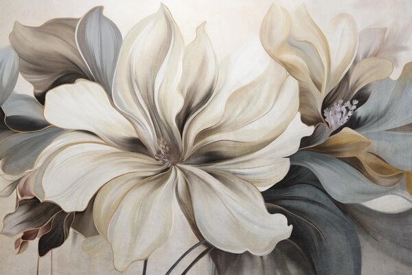 Carta da parati Grandi fiori di magnolia color crema con foglie marroni e grigie, illuminazione, Carta da parati Floreale, w09749 : Uwalls.it