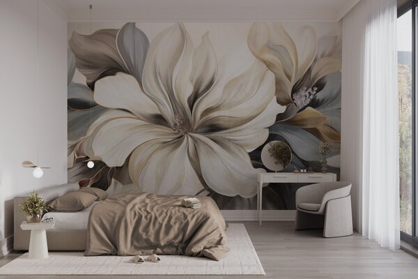 Carta da parati Grandi fiori di magnolia color crema con foglie marroni e grigie, illuminazione, Carta da parati Floreale, w09749 : Uwalls.it