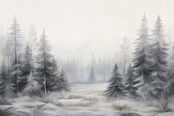 Carta da parati Alberi invernali dalla corteccia ruvida nella nebbia, in tenui tonalità di grigio e bianco, Carta da parati Natura, w09745 : Uwalls.it