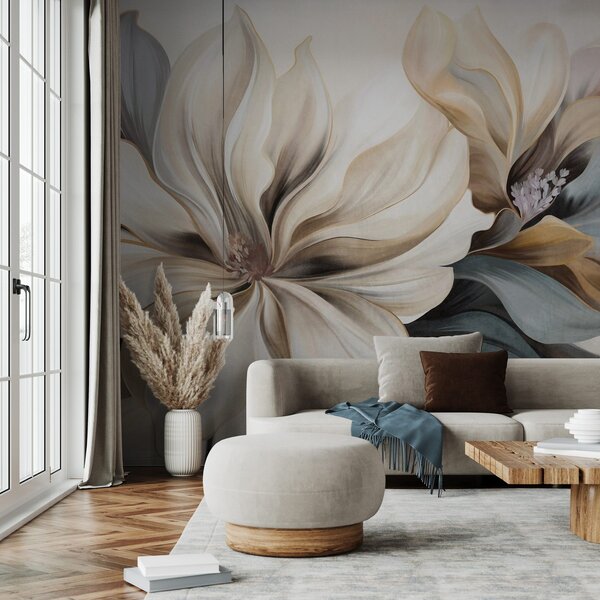 Carta da parati Grandi fiori di magnolia color crema con foglie marroni e grigie, illuminazione, Carta da parati Floreale, w09749 : Uwalls.it