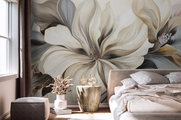 Carta da parati Grandi fiori di magnolia color crema con foglie marroni e grigie, illuminazione, Carta da parati Floreale, w09749 : Uwalls.it