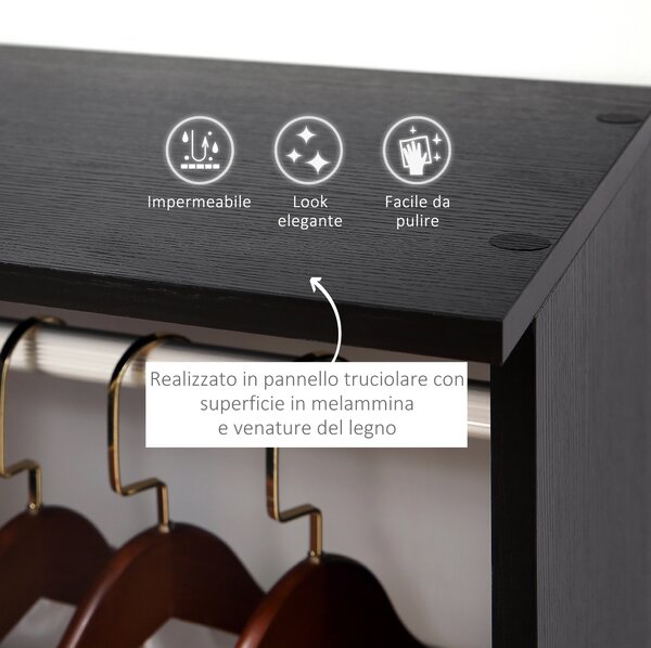 Homcom Armadio Guardaroba a 5 Ripiani con Ruote e Barre Appendiabiti in Legno e Alluminio, Nero, 120x40x128cm|Aosom
