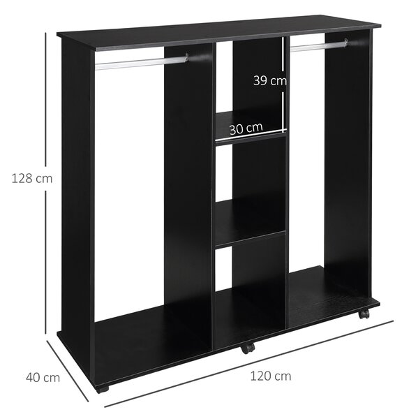 Homcom Armadio Guardaroba a 5 Ripiani con Ruote e Barre Appendiabiti in Legno e Alluminio, Nero, 120x40x128cm|Aosom