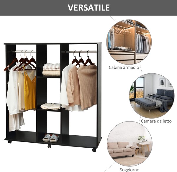 Homcom Armadio Guardaroba a 5 Ripiani con Ruote e Barre Appendiabiti in Legno e Alluminio, Nero, 120x40x128cm|Aosom