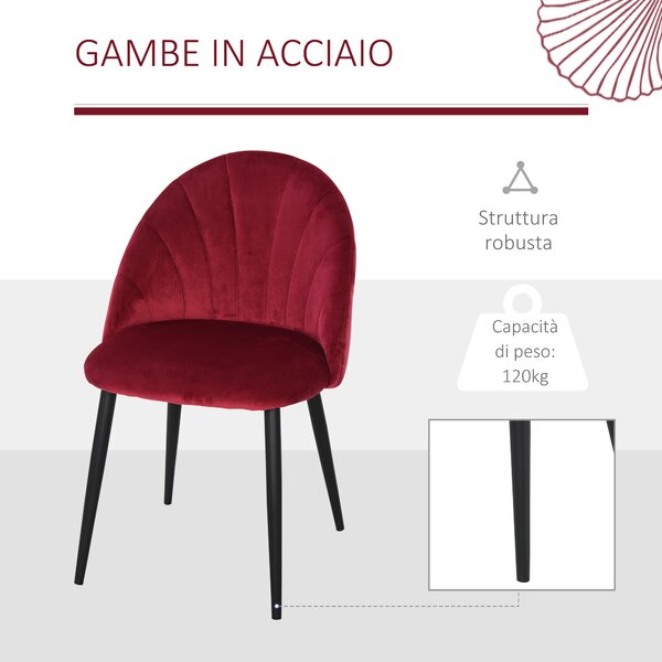 HOMCOM Set 2 Sedie da Pranzo Imbottite Senza Braccioli in Velluto con Gambe in Metallo, Sedie per Sala da Pranzo, 52x54x79cm, Rosso Scuro| Aosom Italy