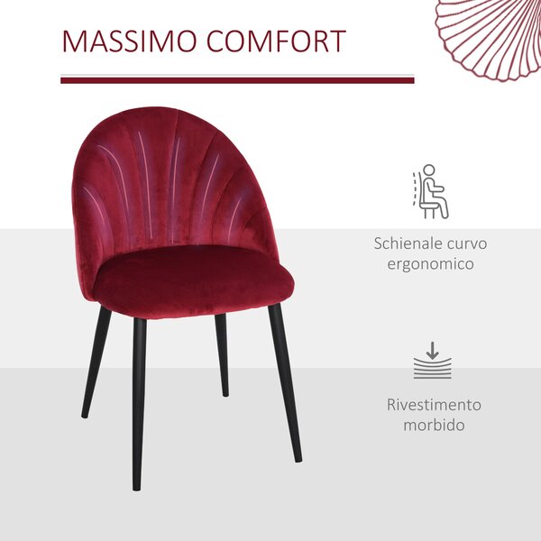 HOMCOM Set 2 Sedie da Pranzo Imbottite Senza Braccioli in Velluto con Gambe in Metallo, Sedie per Sala da Pranzo, 52x54x79cm, Rosso Scuro| Aosom Italy