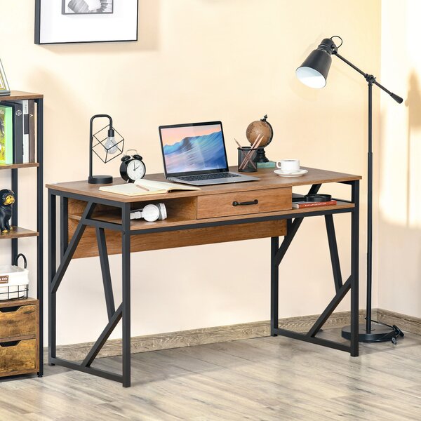 HOMCOM Scrivania Moderna in Metallo e MDF Stile Industriale, Mensole e Cassetto per Casa e Ufficio, 120x60x76cm Nero Marrone|Aosom