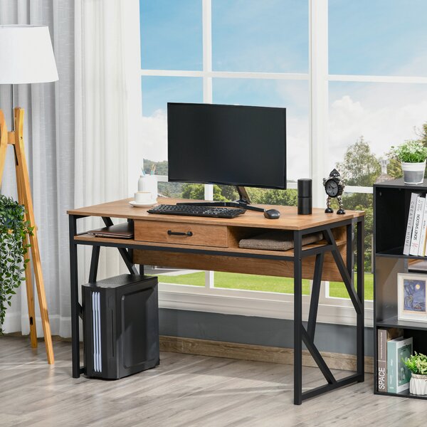 HOMCOM Scrivania Moderna in Metallo e MDF Stile Industriale, Mensole e Cassetto per Casa e Ufficio, 120x60x76cm Nero Marrone|Aosom