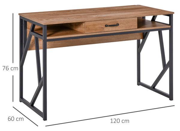 HOMCOM Scrivania Moderna in Metallo e MDF Stile Industriale, Mensole e Cassetto per Casa e Ufficio, 120x60x76cm Nero Marrone|Aosom