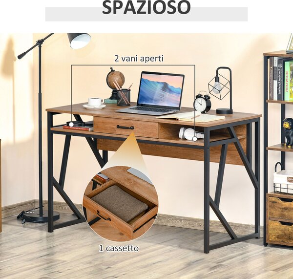 HOMCOM Scrivania Moderna in Metallo e MDF Stile Industriale, Mensole e Cassetto per Casa e Ufficio, 120x60x76cm Nero Marrone|Aosom