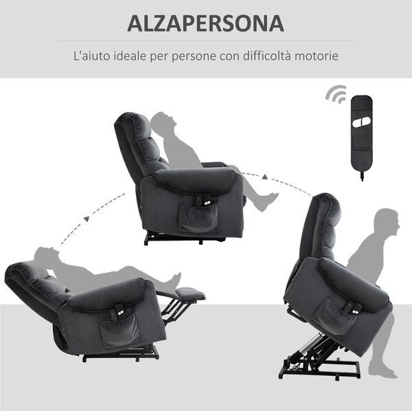 HOMCOM Poltrona Relax Elettrica Reclinabile a 135°, Poltrona Massaggiante Alzapersona con Telecomando, Doppia Imbottitura e Rivestimento Velluto|Aosom