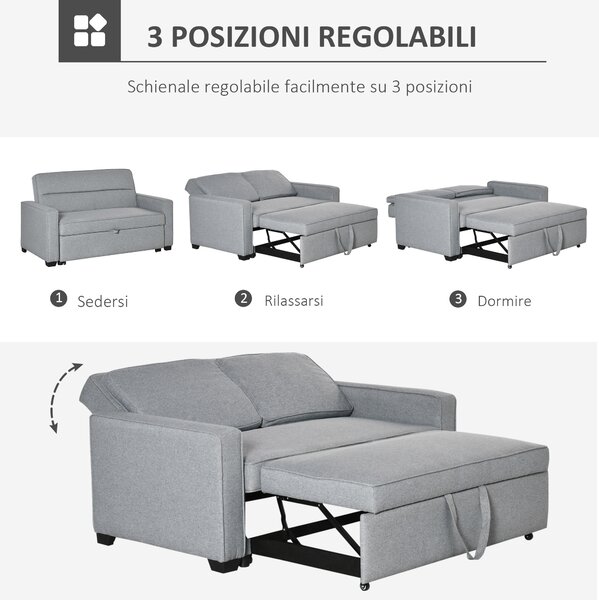 HOMCOM Divano Letto a 1 Piazza in Tessuto, Seduta 2 Posti e Schienale a 3 Reclinazioni, 154x87x89 cm, Grigio | Aosom Italy