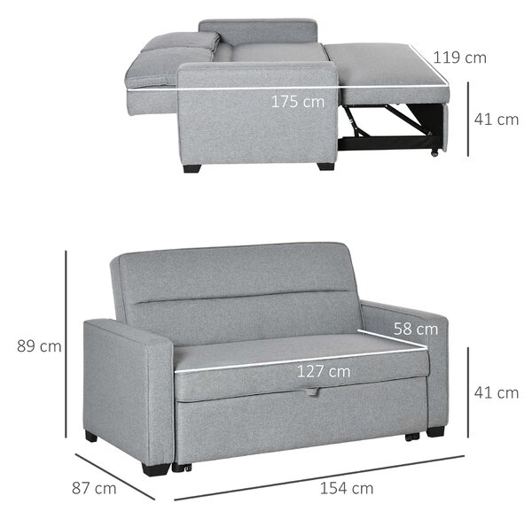 HOMCOM Divano Letto a 1 Piazza in Tessuto, Seduta 2 Posti e Schienale a 3 Reclinazioni, 154x87x89 cm, Grigio | Aosom Italy