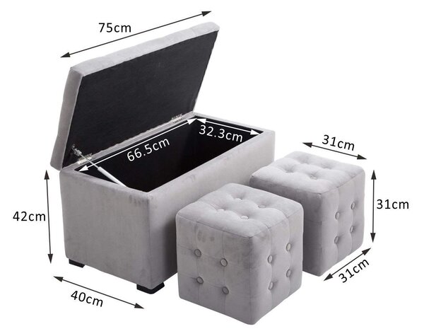 HomCom Cassapanca Portaoggetti Multiuso con 2 Sgabelli Pouf in Velluto, Grigio Perla|Aosom