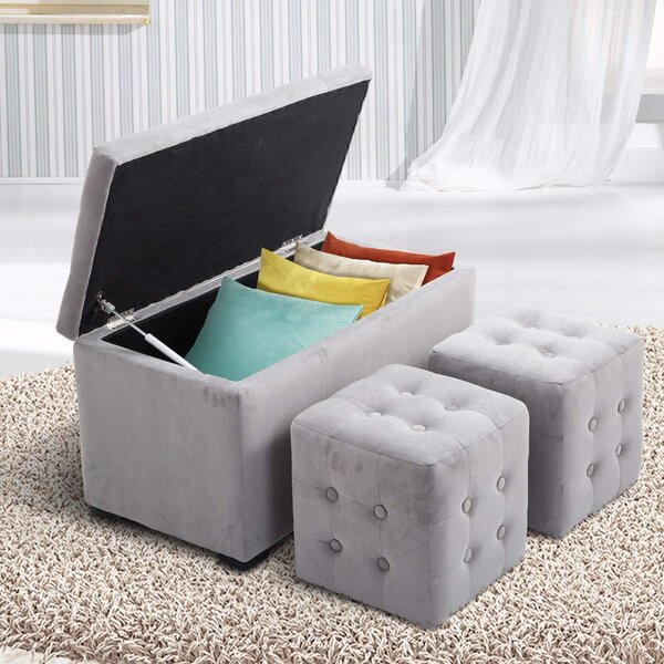 HomCom Cassapanca Portaoggetti Multiuso con 2 Sgabelli Pouf in Velluto, Grigio Perla|Aosom