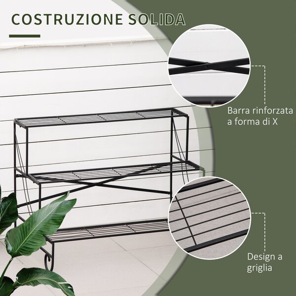 Outsunny Portapiante in Metallo, Scaletta Porta Vasi da Esterno, Portafiori a 3 Livelli da Giardino in Stile Vintage, Nero|Aosom