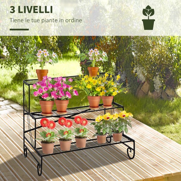 Outsunny Portapiante in Metallo, Scaletta Porta Vasi da Esterno, Portafiori a 3 Livelli da Giardino in Stile Vintage, Nero|Aosom